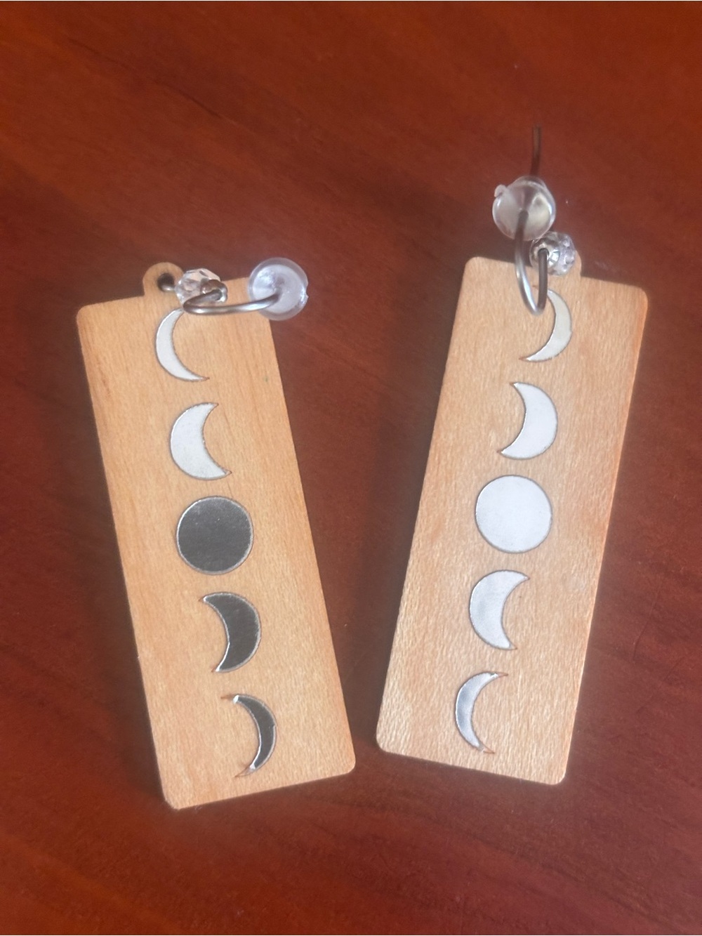 Wooden Moon Phase Dangle Earrings - Silver Inlay